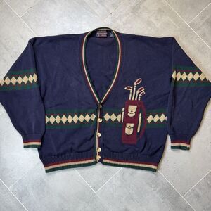 Vtg 90s Roundtree & York Golf Intarsia Sweater XL Button Front Navy